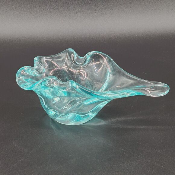 Vintage Harrachov Czech Art Glass Bowl Cigar Ashtray Turquoise Blue Sculptural - Picture 1 of 7
